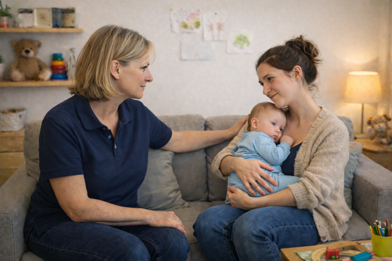 Therapeutin sitzt neben einer Mutter mit Baby auf einem Sofa und spricht ihr beruhigend zu.