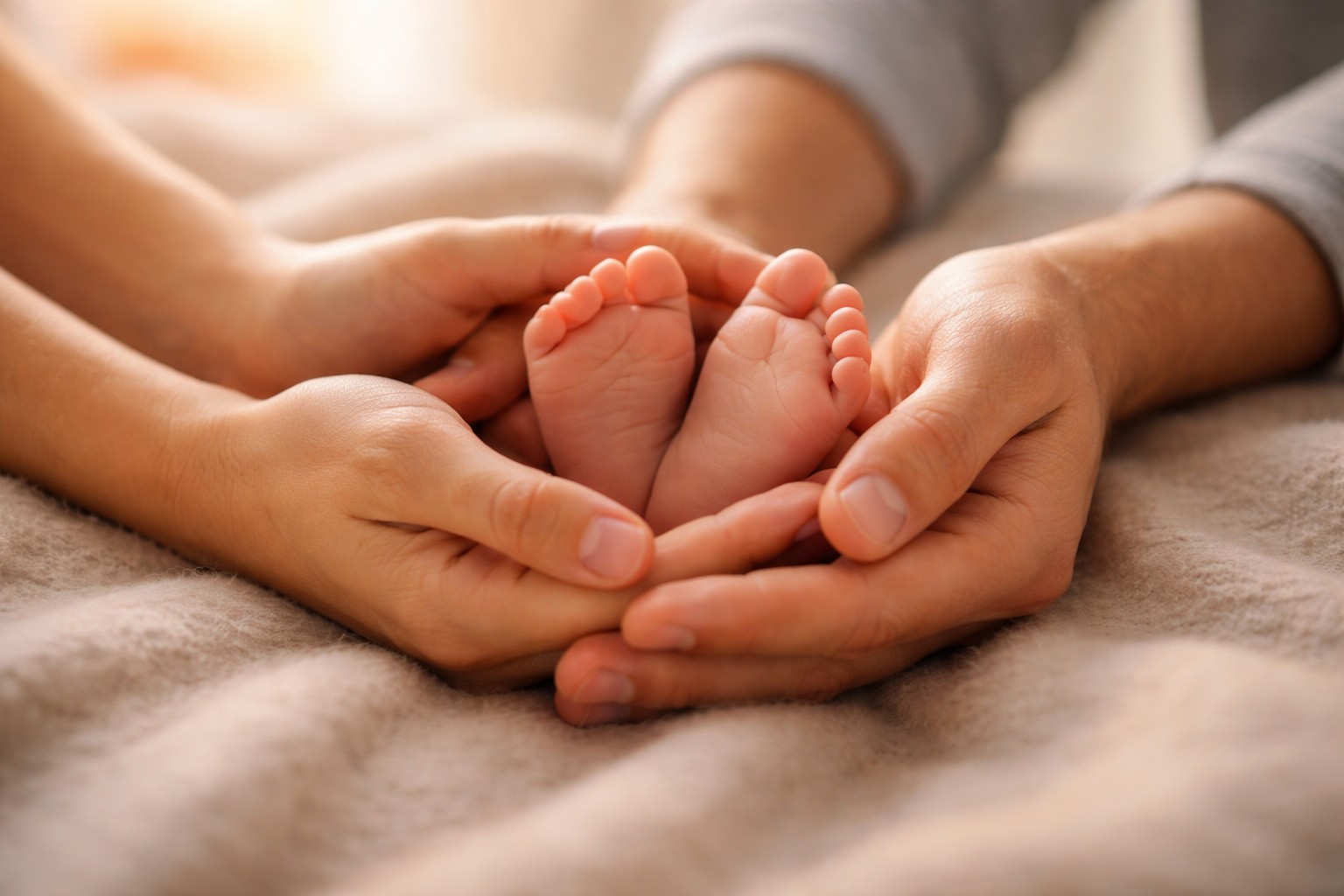 Zwei erwachsene Hände halten behutsam die kleinen Füße eines Babys.